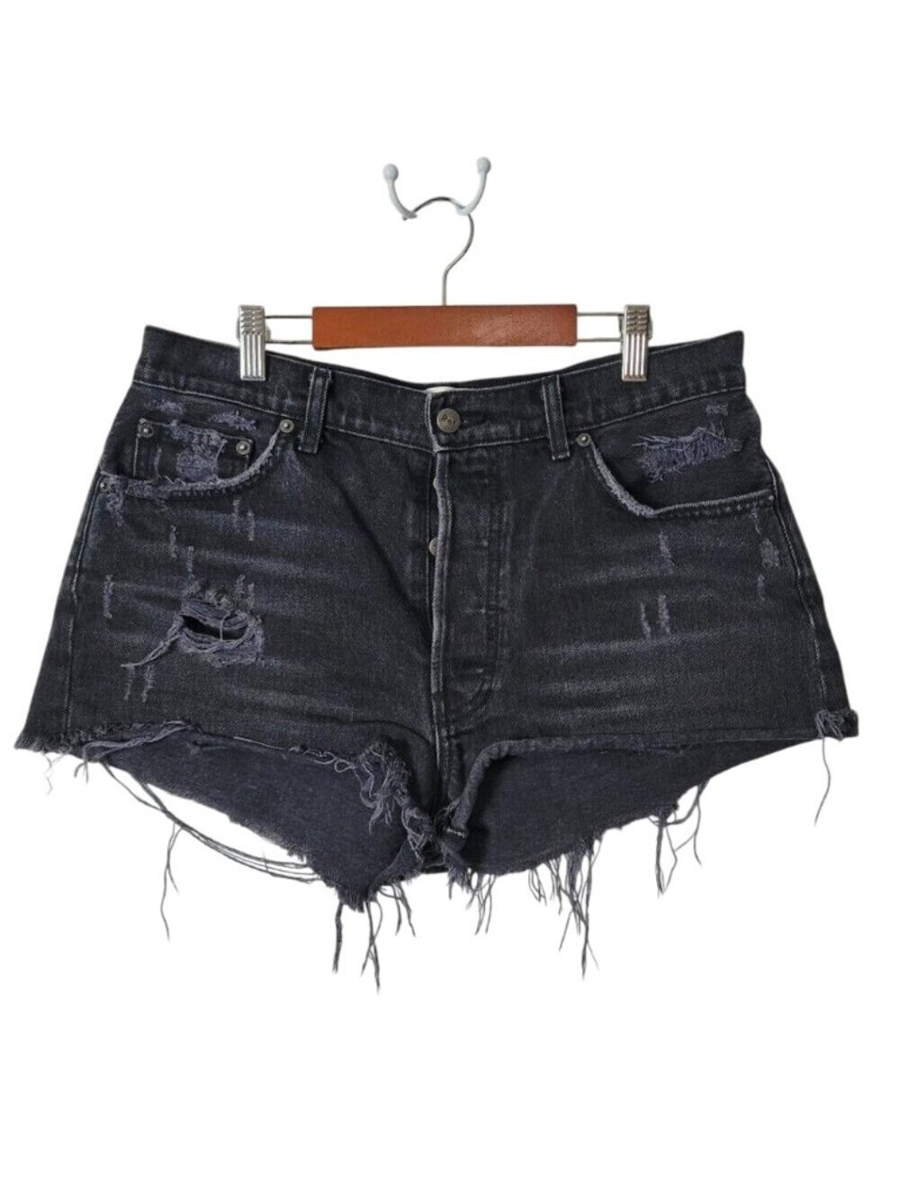 Reformation Size 29 Women's Button-Fly High Rise Black Distress Denim Shorts